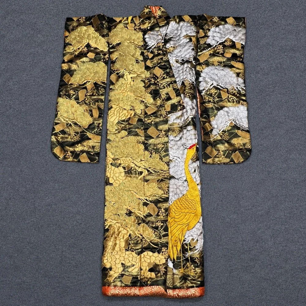 Vintage Japanese Silk Uchikake Kimono Black Gold Silver Crane Pine Embroidery